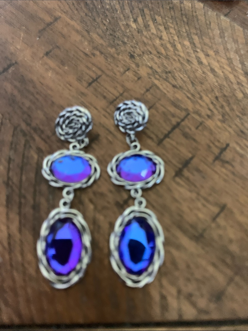 NWOT Silver-Tone Purple Blue Crystal Dangle Earrings - Unbranded